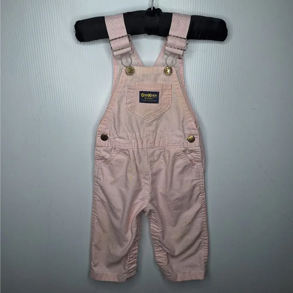 Vintage OshKosh B'Gosh Vestbak Bib Overalls Girls Pink White Stripe USA 24 mo